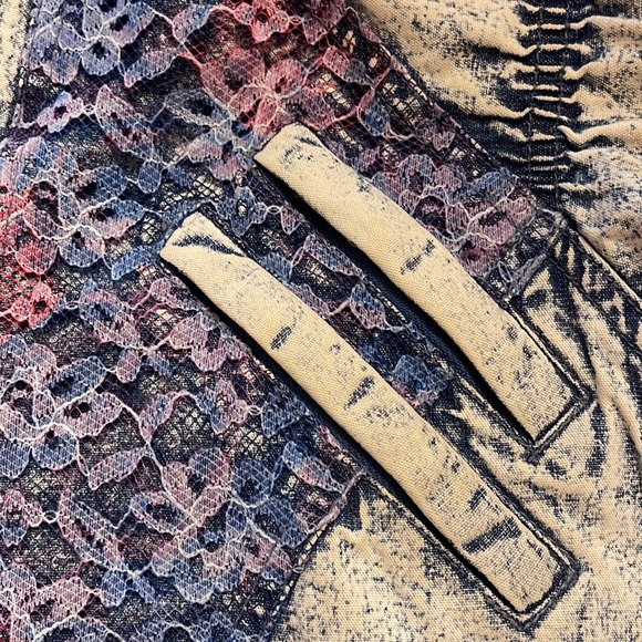 Vintage Acid Wash Denim Tie Dye Lace Quilted Puffer Stand Collar Jacket - Picture 4 of 12